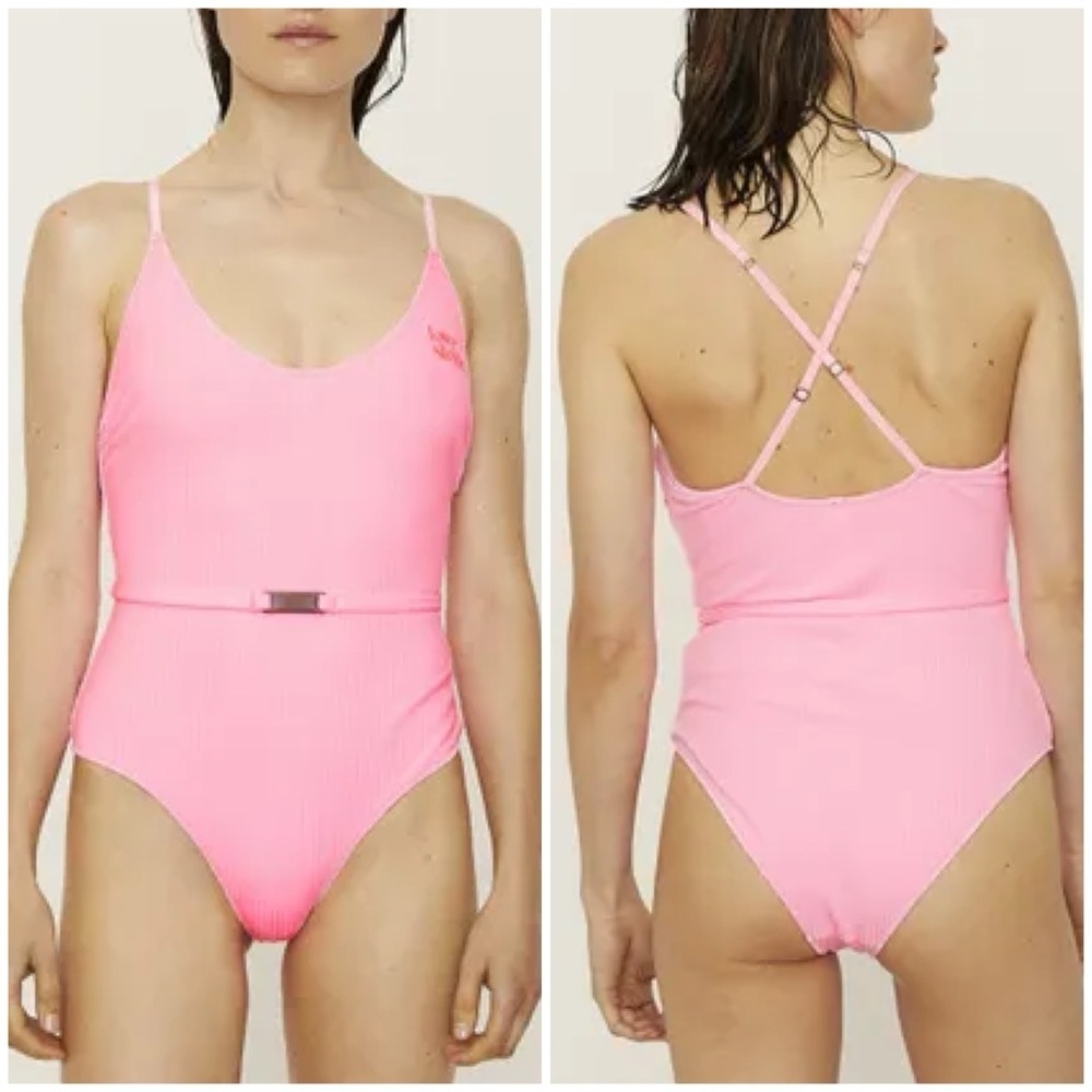 NWT Love Stories Swimclub Madison Rib One Piece Swimsuit Pink Belted Sz 3